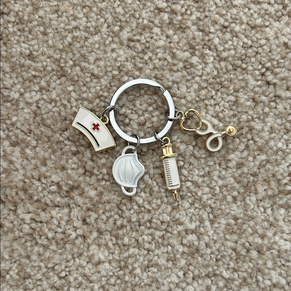 White & Gold Nurse Medical Charm Keychain - Healthcare Accessory
